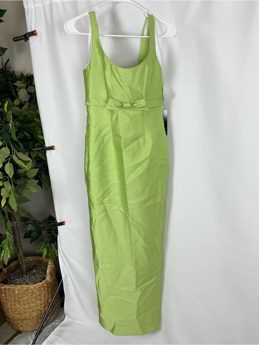 ALFRED SUNG Mojito Green Satin Maxi Column Dress with Empire Bow - Picture 2 of 6